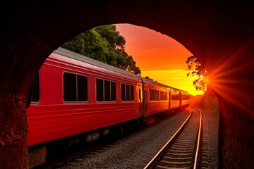 Naklejka premium Red train exiting tunnel at sunset.