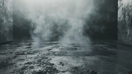 Moody, dramatic dark concrete floor surface enveloped by ethereal mist or fog, creating a haunting, atmospheric backdrop for captivating visual designs.