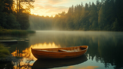Serene wooden boat anchored in tranquil lake at sunrise surrounded by misty forest and soft golden light