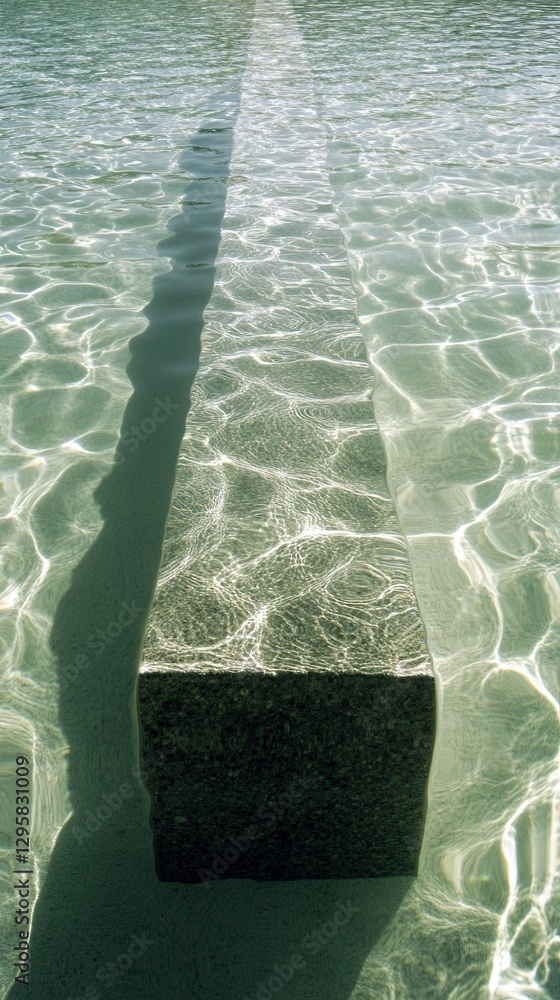 Poster abstract underwater view of a large stone block casting a shadow in clear water with gentle ripples 