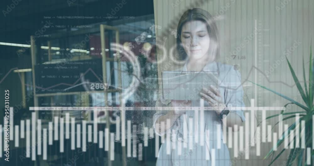 Poster using tablet with financial data and graphs animation, businesswoman analyzing in office