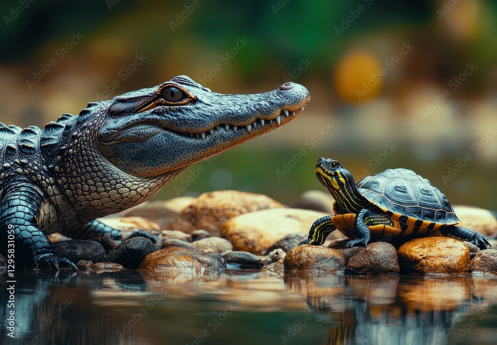 Poster close encounter between a realistic alligator and a small tortoise on a rocky shoreline in a lush gr