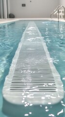 Obraz premium Tranquil Indoor Swimming Pool Scene with Clear Water and Reflective Surface Under Soft Lighting