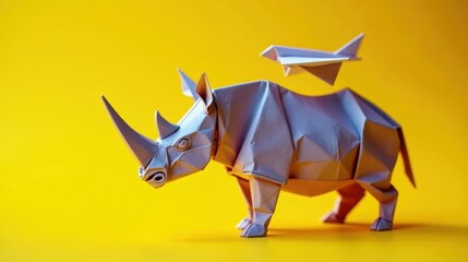 A Lavender Origami Rhinoceros with a Paper Airplane Overhead Against a Vibrant Yellow Background