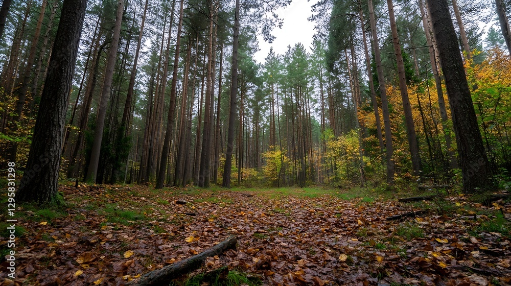 Poster misty autumn forest with golden leaves on the ground and tall trees : generative ai