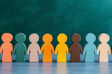 Diverse Group of Wooden Figures Holding Hands A Conceptual Image Representing Unity, Equality, and Diversity Explore concepts of collaboration, teamwork, community, and social inclusion Perfect for