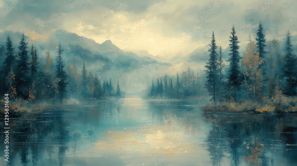 Poster serene river landscape reflecting mountains and trees at dawn with soft fog enveloping the peaceful 