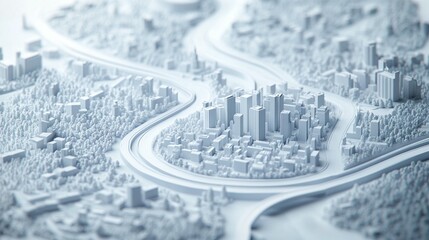 Abstract white city model with roads and buildings.