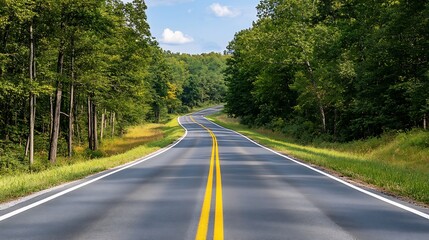Obraz premium Curvy country road winding through a lush green forest on a sunny day inviting exploration : Generative AI