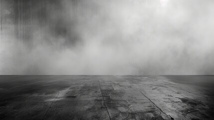Moody, dramatic dark concrete floor surface enveloped by ethereal mist or fog, creating a haunting, atmospheric backdrop for captivating visual designs.