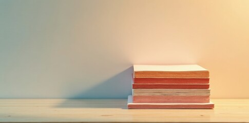 A stack of books rests on a light wooden surface against a muted background, illuminated by soft warm light