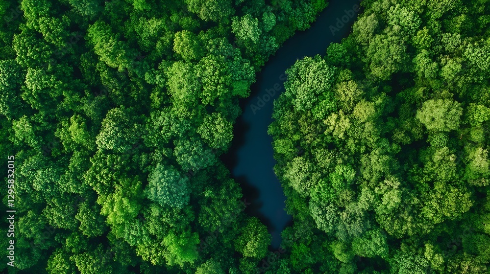 Poster aerial view of lush green forest and meandering river surrounded by verdant trees : generative ai
