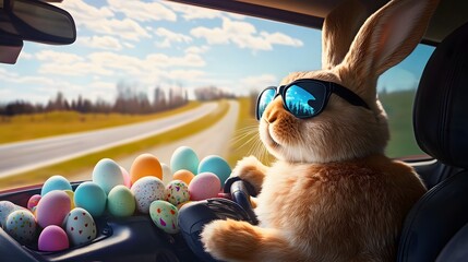 Easter Bunny Wearing Sunglasses, Driving on the Highway with Colored Eggs in the Back Seat. Easter-Themed, Festive Holiday Mood. High-Resolution, High-Detail, Hyper-Realistic Cinematic Photography.