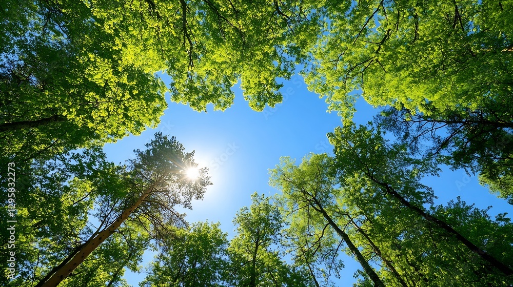 Aufkleber Captivating View of Sunlight Filtering Through Lush Green Tree Canopy : Generative AI