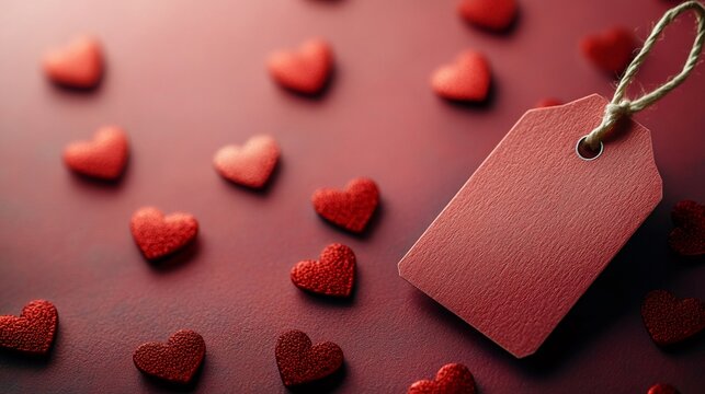 Red label and glitter hearts creating romantic atmosphere for valentine's day