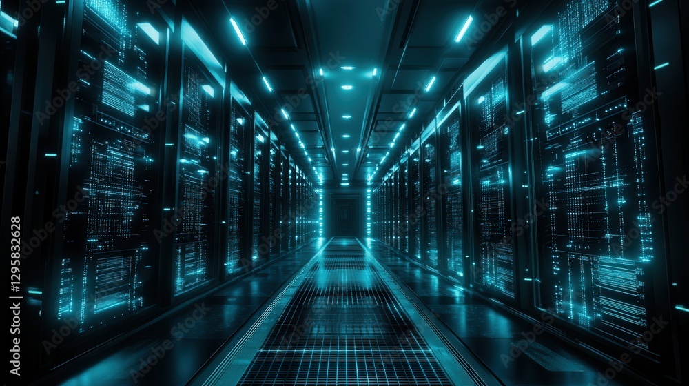Poster futuristic data center corridor with neon blue lighting and digital interface design in a high-tech 