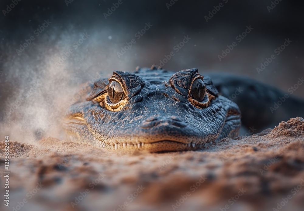 Poster close-up capture of a lizard on sandy terrain with detailed texture and intense eyes reflecting envi
