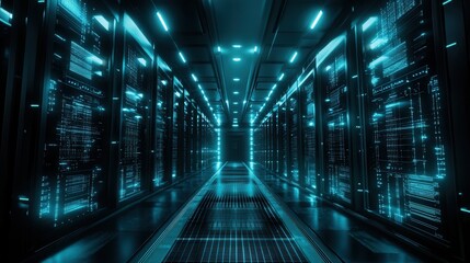 Futuristic Data Center Corridor with Neon Blue Lighting and Digital Interface Design in a High-Tech Environment