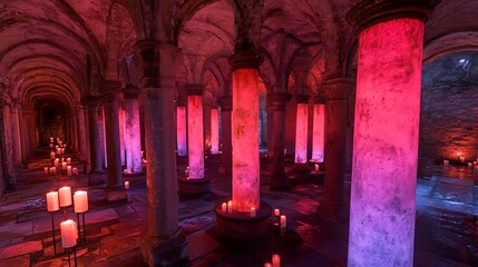 Candlelit columns inside a cavernous chamber