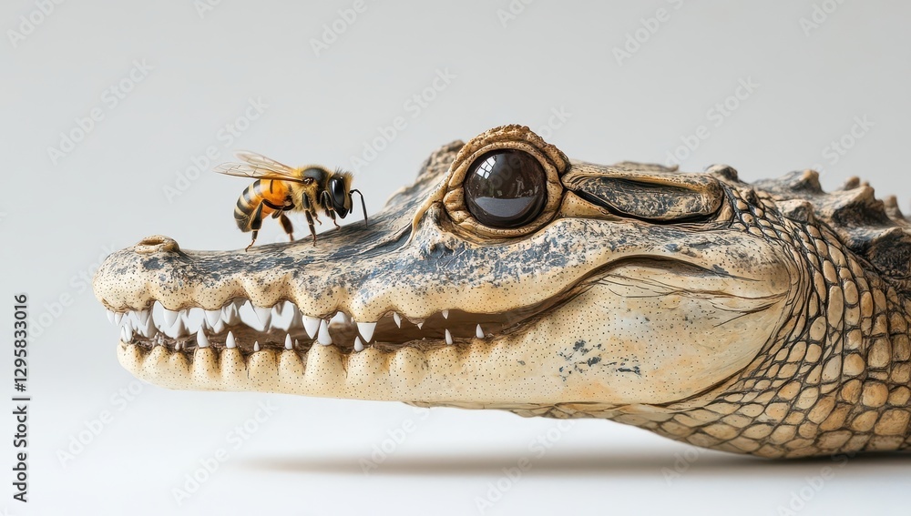 Poster close-up encounter between a realistic alligator head and a honey bee with detailed textures and exp