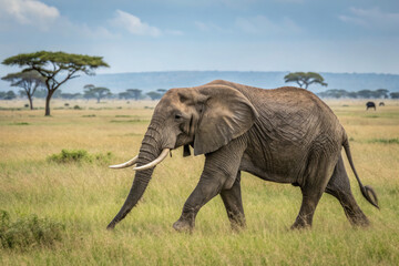 African savanna landscape, majestic elephant walking, acacia trees, golden grasslands, distant mountains, blue sky with wispy clouds, wildlife photography, natural lighting, realistic textures, serene