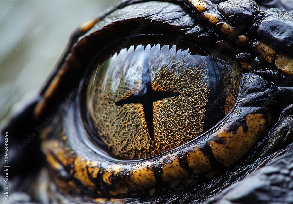 Poster close-up image of a crocodile eye showcasing intricate details and stunning reflections in nature wi