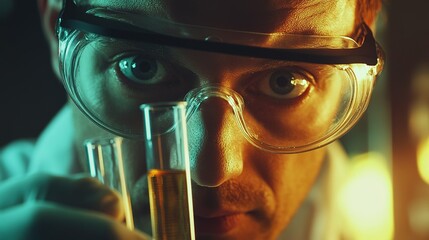 A focused male scientist conducting experiments in a modern laboratory, wearing a lab coat and safety goggles, surrounded by scientific equipment and glassware.