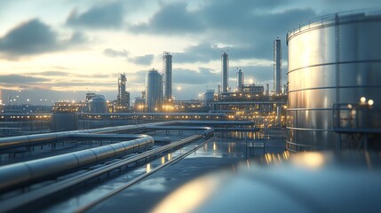 Obraz premium This detailed view showcases an oil storage tank farm with interconnected pipelines under a dusk sky. The scene highlights industrial activity and infrastructure in a robust energy sector