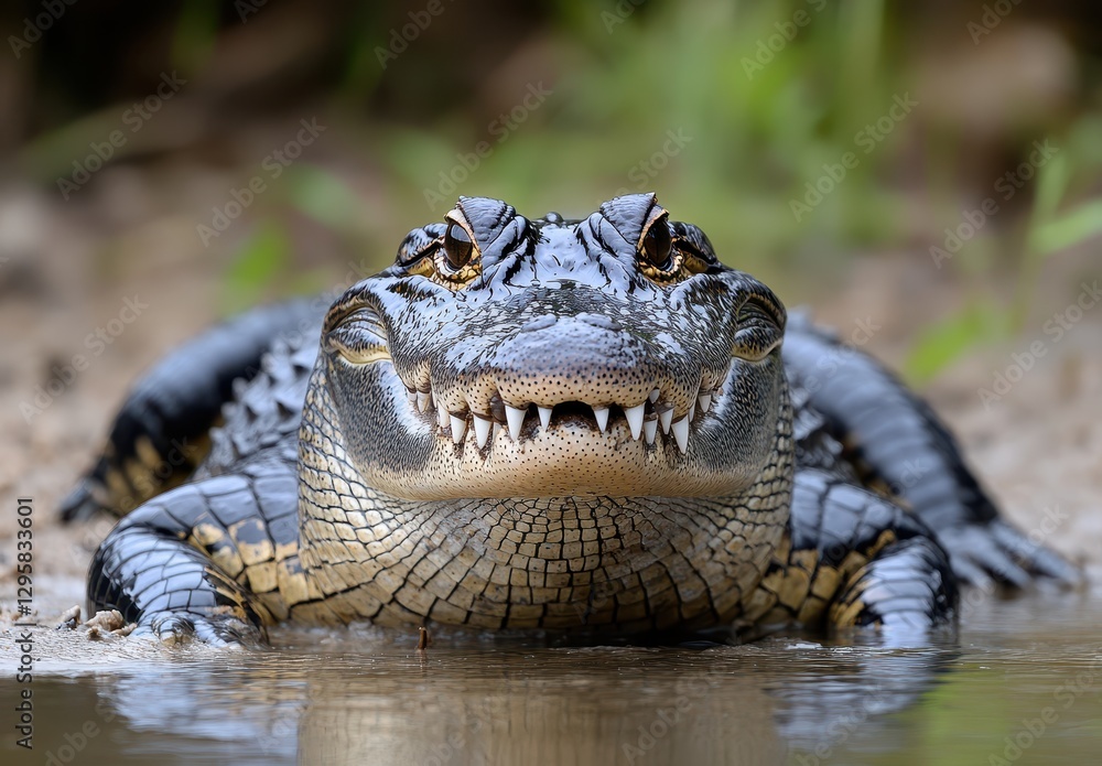 Poster close-up image of a crocodile with detailed features and powerful expression at water's edge in natu