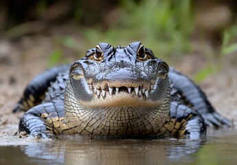 Obraz premium Close-Up Image of a Crocodile with Detailed Features and Powerful Expression at Water's Edge in Natural Habitat
