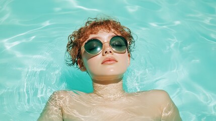 Naklejka premium Woman with curly hair floats in turquoise pool water