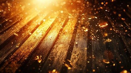 Beautiful golden light shining on wooden surface with sparkling dust and glittering particles creating a magical atmosphere