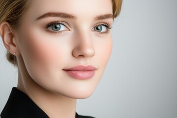 Fototapeta premium Close-up of a young woman with green eyes and a confident expression. Beauty and confidence