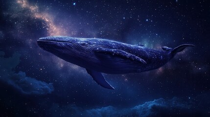 Obraz premium Majestic Blue Whale Swimming Through the Cosmic Night Sky Surrounded by Stars and Galaxies in a Stunning Digital Illustration