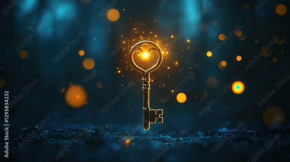 Poster illuminated key surrounded by sparkling lights in a mystical forest setting