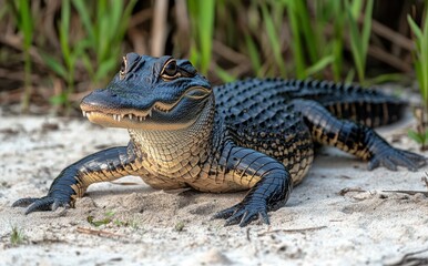 Obraz premium Close-Up Image of a Wetland Crocodilian Species Relaxing on Sandy Shore Amidst Green Foliage in Natural Habitat