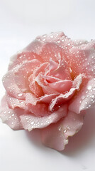 Fototapeta premium A pink rose delicately covered in dewdrops, placed gently on a surface, symbolizing love, purity, and beauty.
