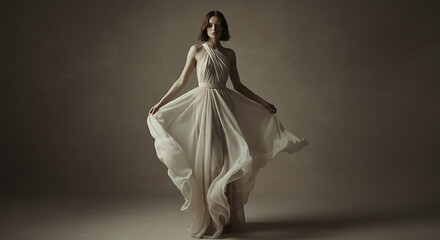 Stunning Young Woman Posing Gracefully in Dress and Gloves in Studio Setting Black and White Generative AI