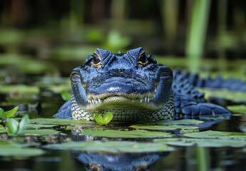 Fototapeta premium Close-Up Image of Alligator in Serene Water Surrounded by Lush Green Lily Pads in Natural Habitat