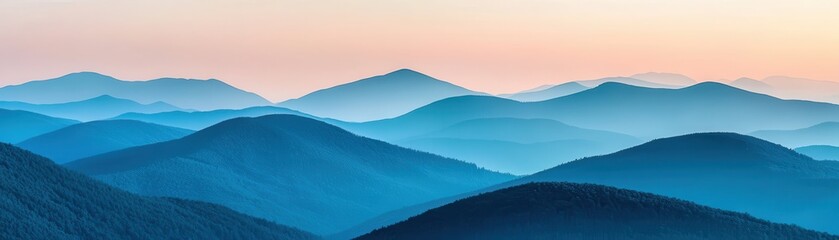 Fototapeta premium Serene blue mountain ranges under a pastel sky, creating a tranquil atmosphere that invites exploration and appreciation of nature's beauty.