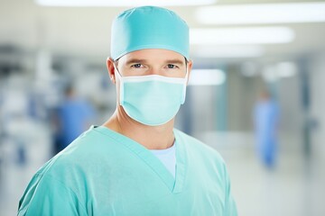 Male doctor in medical uniform and mask standing in hospital. healthcare