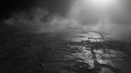 Moody, dramatic dark concrete floor surface enveloped by ethereal mist or fog, creating a haunting, atmospheric backdrop for captivating visual designs.