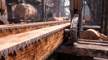 Fototapeta premium Weathered Wooden Beam in Rusty Sawmill Machinery