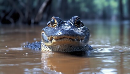 Obraz premium Close-Up of a Alligator Emerging from Water with Textured Skin and Intense Eyes in a Serene Natural Habitat
