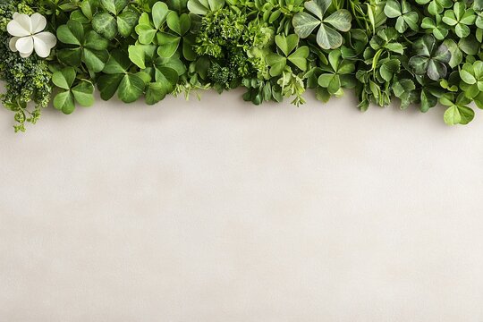 St. Patrick&rsquo;s Day Irish Culture concept. Lush green plants and a single white flower arranged against a neutral background, creating a fresh, natural aesthetic.