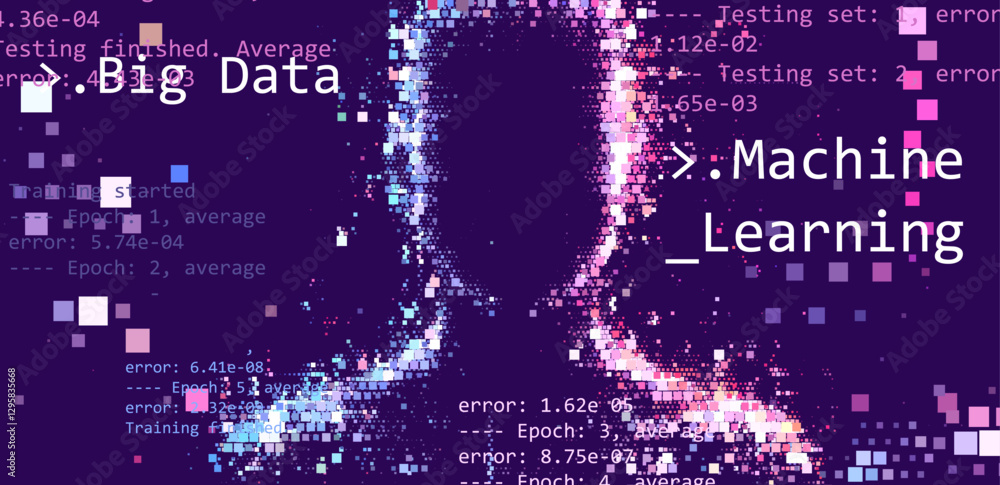 Fototapete Digital vector illustration depicts artificial intelligence through a pixelated face and code snippets, symbolizing technology, data, and machine learning in a blue color scheme.