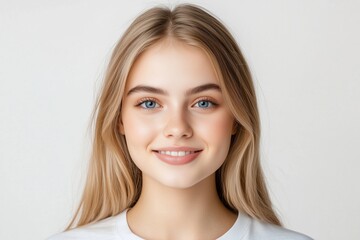 Fototapeta premium Smiling young woman with blue eyes. Beauty and confidence
