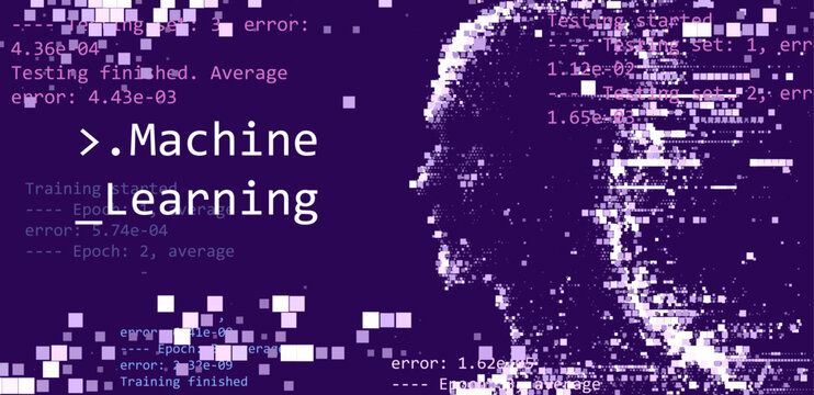 Digital vector illustration depicts artificial intelligence through a pixelated face and code snippets, symbolizing technology, data, and machine learning in a blue color scheme.