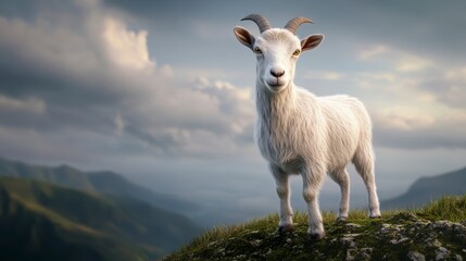 Obraz premium White Goat on Mountaintop under Dramatic Cloudy Sky