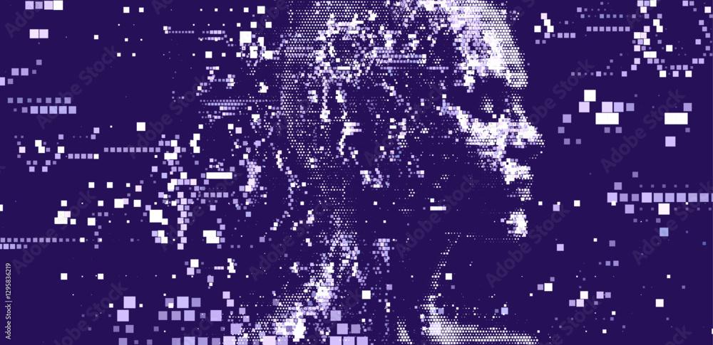 Leinwandbilder Digital vector illustration depicts artificial intelligence through a pixelated face and code snippets, symbolizing technology, data, and machine learning in a blue color scheme.